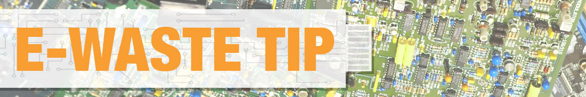 Picture of computer motherboards with outline of circuit board and the words e-waste tip in front