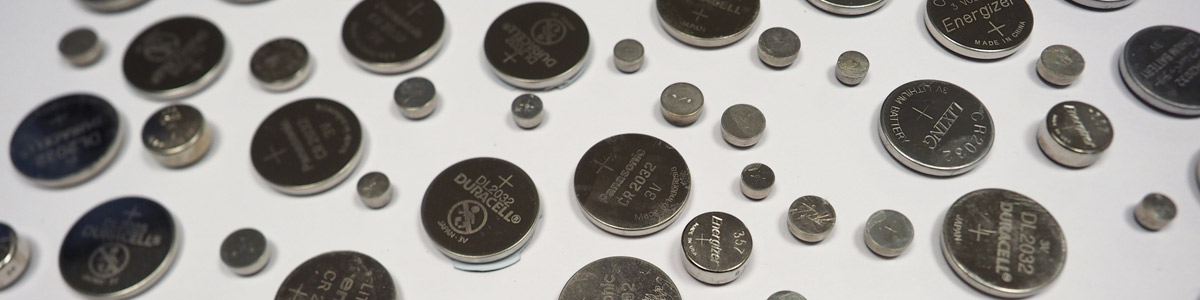 A picture of some of the common sizes of lithium button batteries. NLR recycles lithium button batteries, other batteries, and other types of universal wastes.