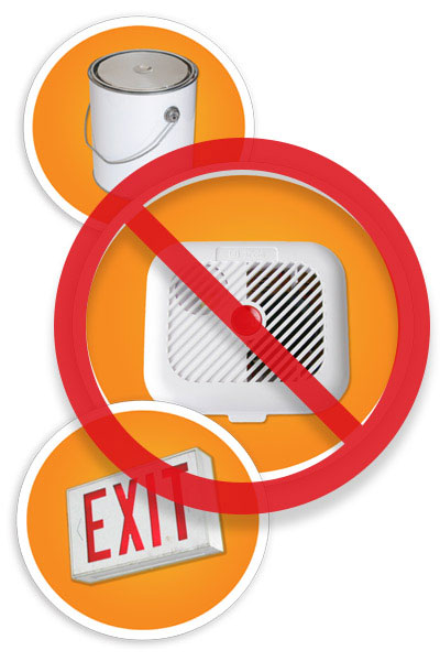 Apicture of a paint can, smoke detector, and exit sign with the prohibited symbol. NLR does not recycle paint and liquid wastes, or radioactive wastes.